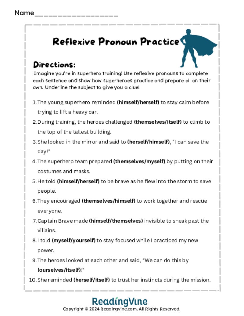 Superhero Reflexive Pronoun Practice Activity-Image