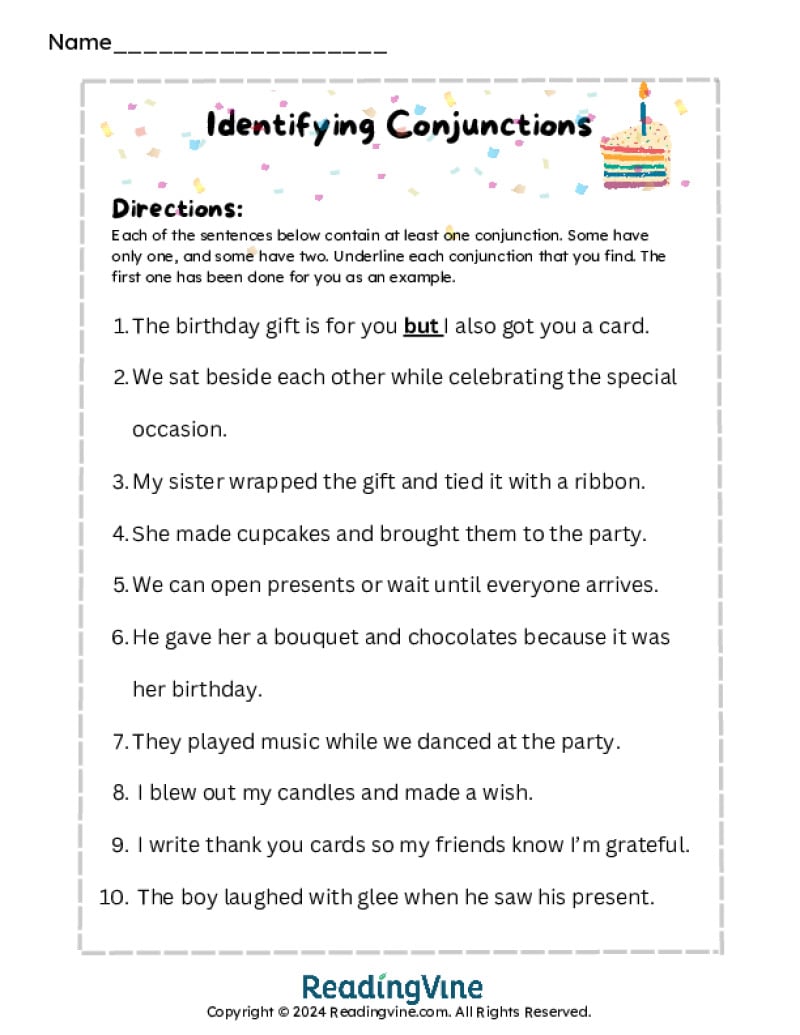 Underline the Conjunctions Worksheet