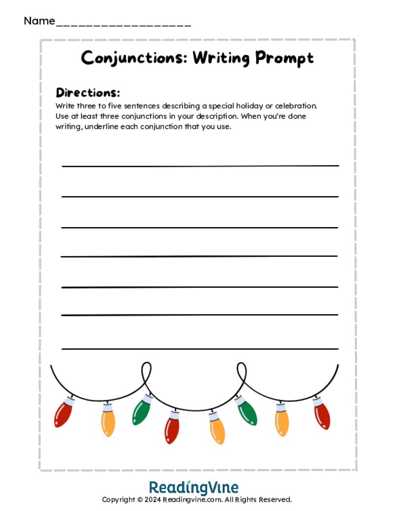 Holiday Conjunction Writing Prompt Worksheet