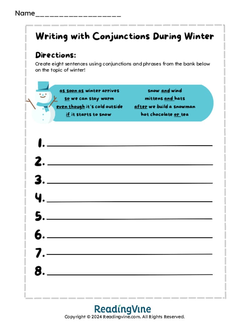 Writing with Conjunctions During Winter Worksheet Prompt