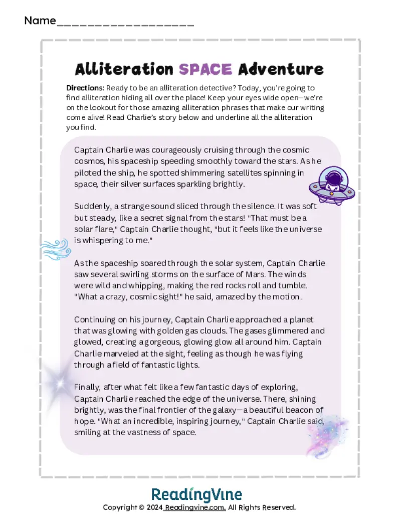 Alliteration Space Adventure Reading Activity