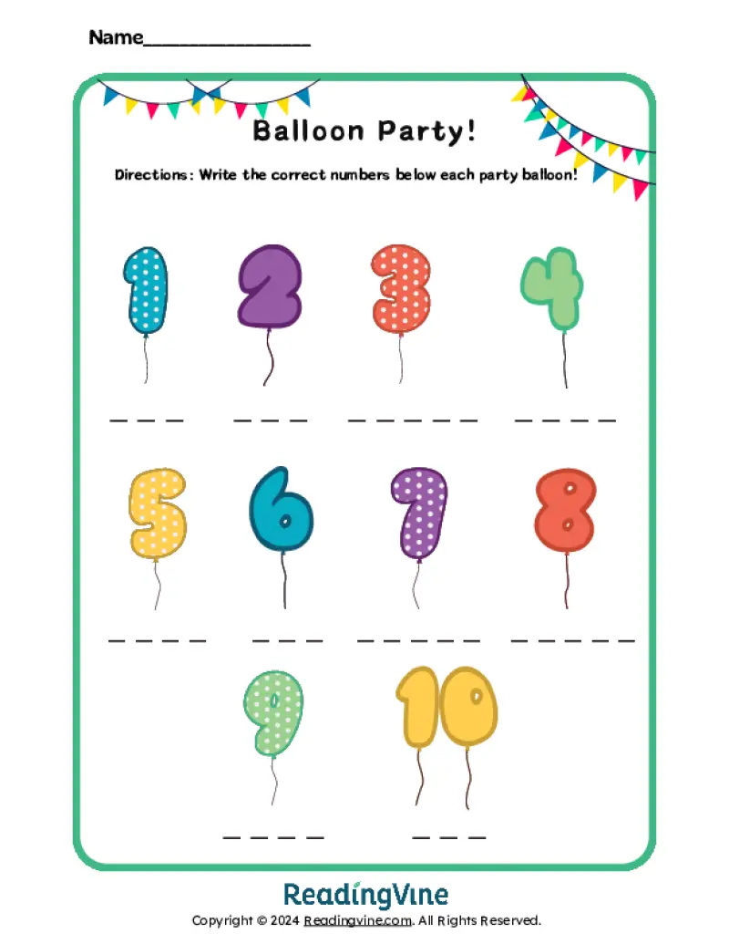 Balloon Party Number Matching Activity