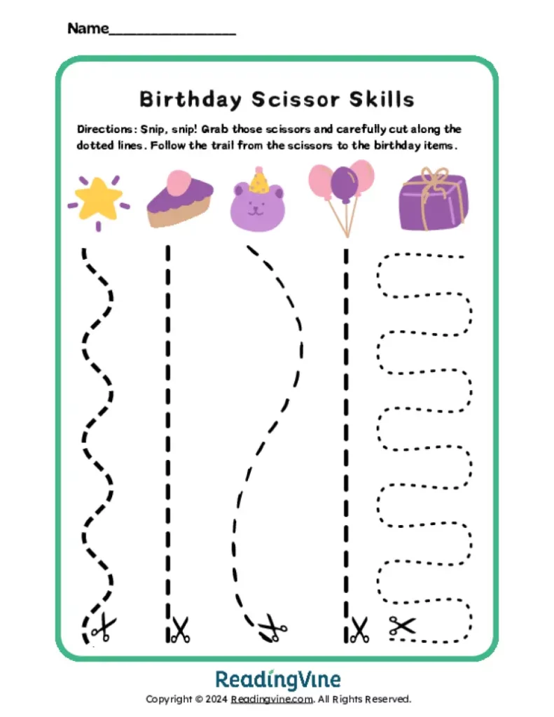 Birthday Scissor Skills Worksheet