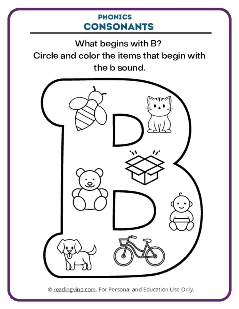 Consonants Coloring Page Phonics Activity for Letter B