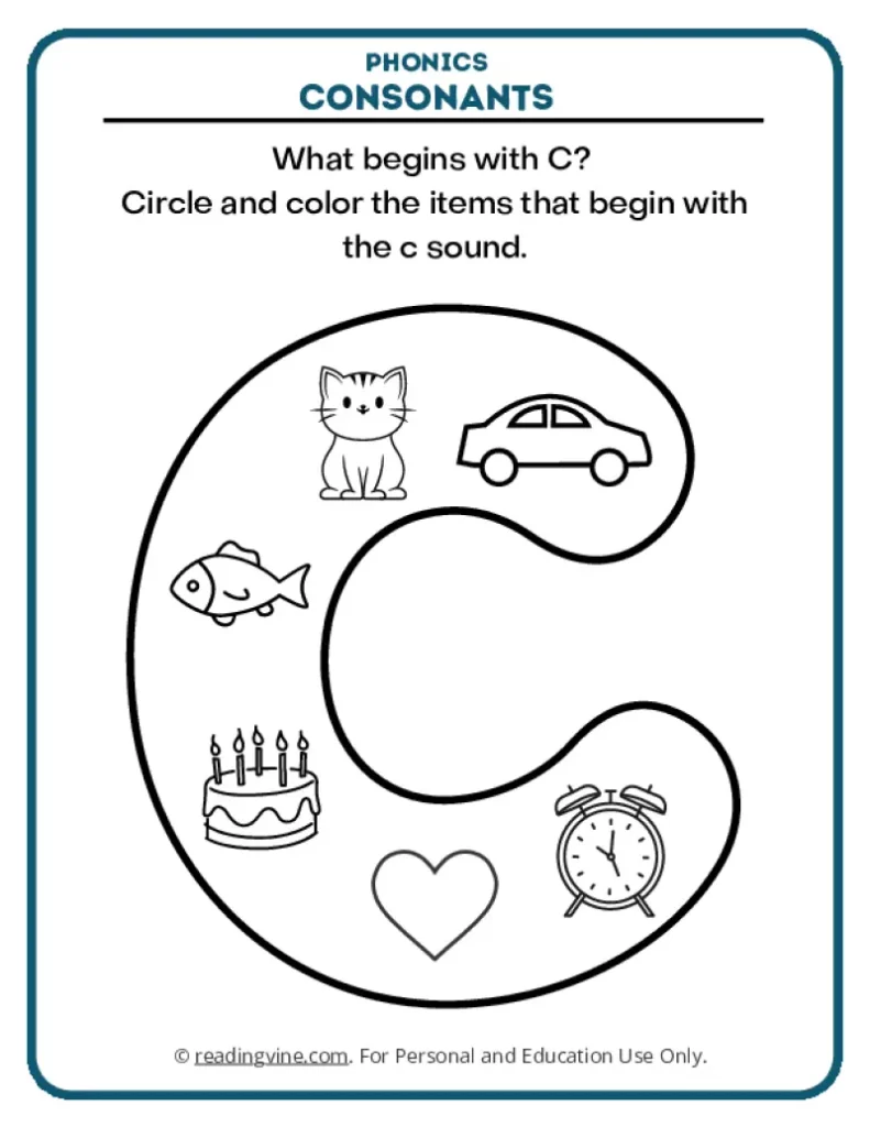 Consonants Coloring Page Phonics Activity for Letter C
