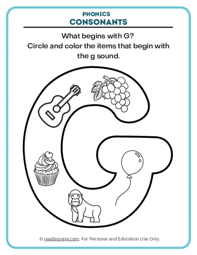 Consonants Coloring Page Phonics Activity for Letter G