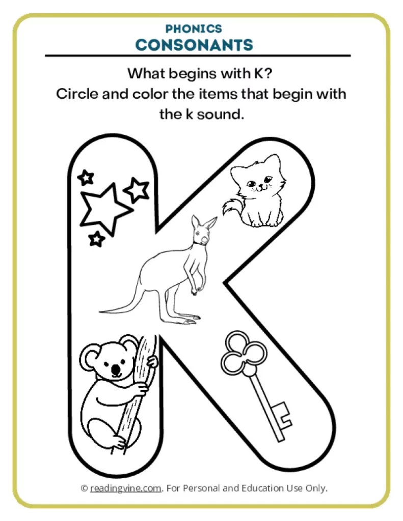 Consonants Coloring Page Phonics Activity for Letter K