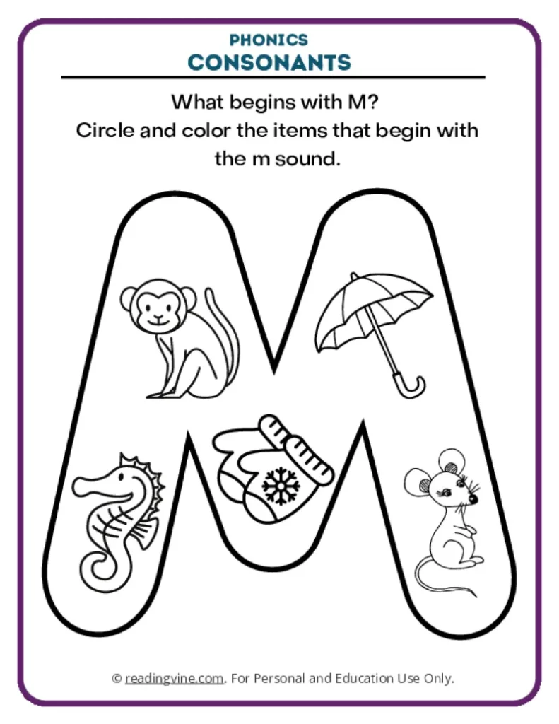 Consonants Coloring Page Phonics Activity for Letter M