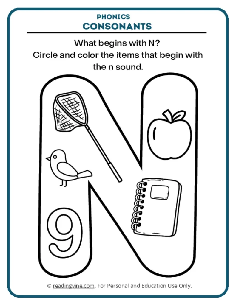 Consonants Coloring Page Phonics Activity for Letter N