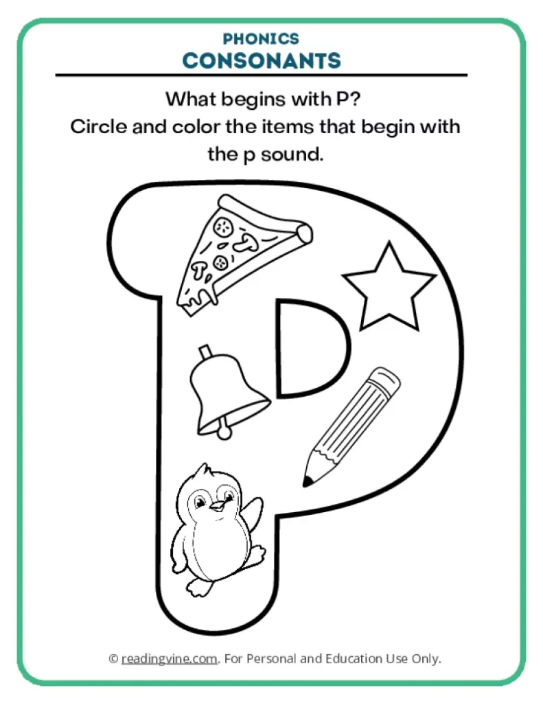 Consonants Coloring Page Phonics Activity for Letter P