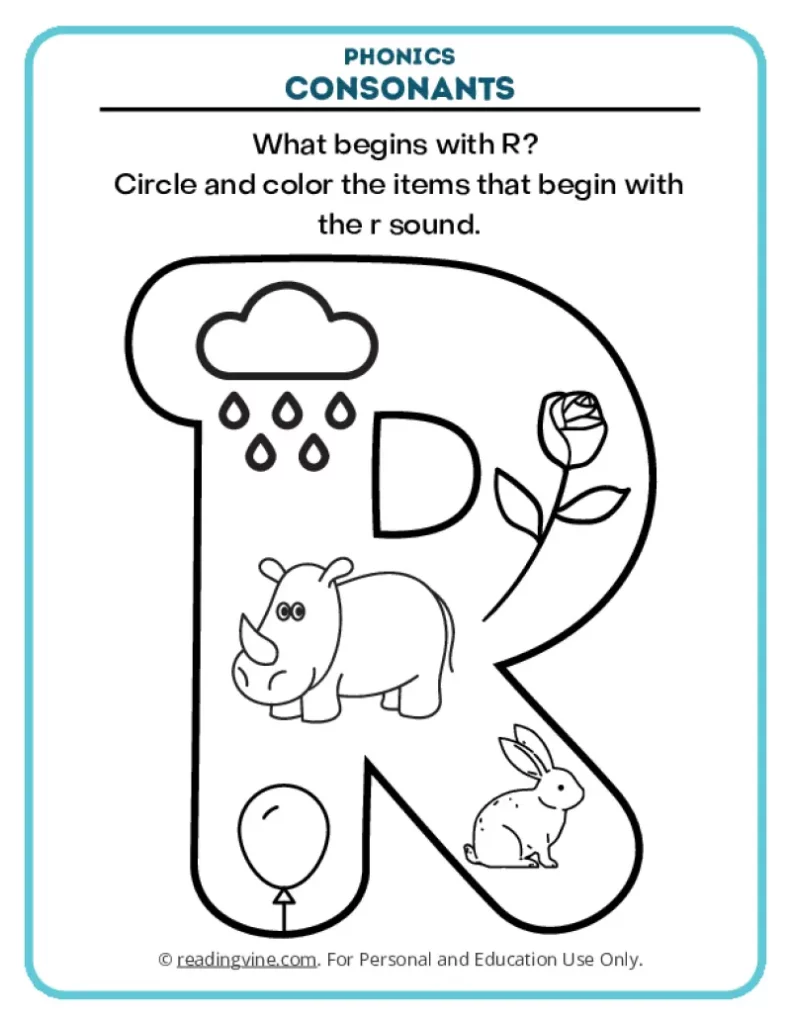 Consonants Coloring Page Phonics Activity for Letter R