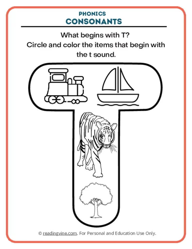 Consonants Coloring Page Phonics Activity for Letter T