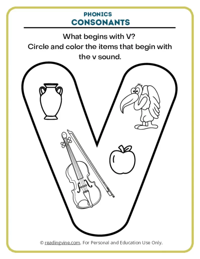 Consonants Coloring Page Phonics Activity for Letter V