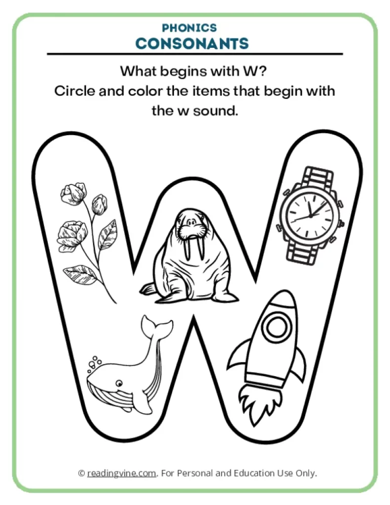 Consonants Coloring Page Phonics Activity for Letter W