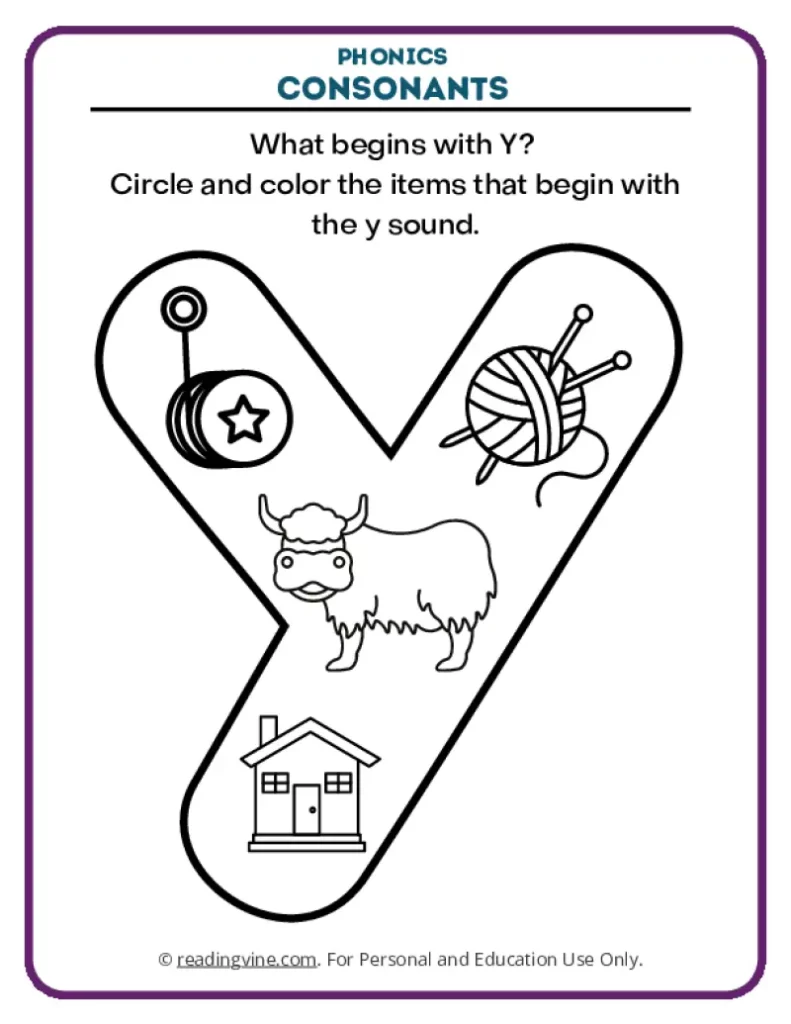 Consonants Coloring Page Phonics Activity for Letter Y
