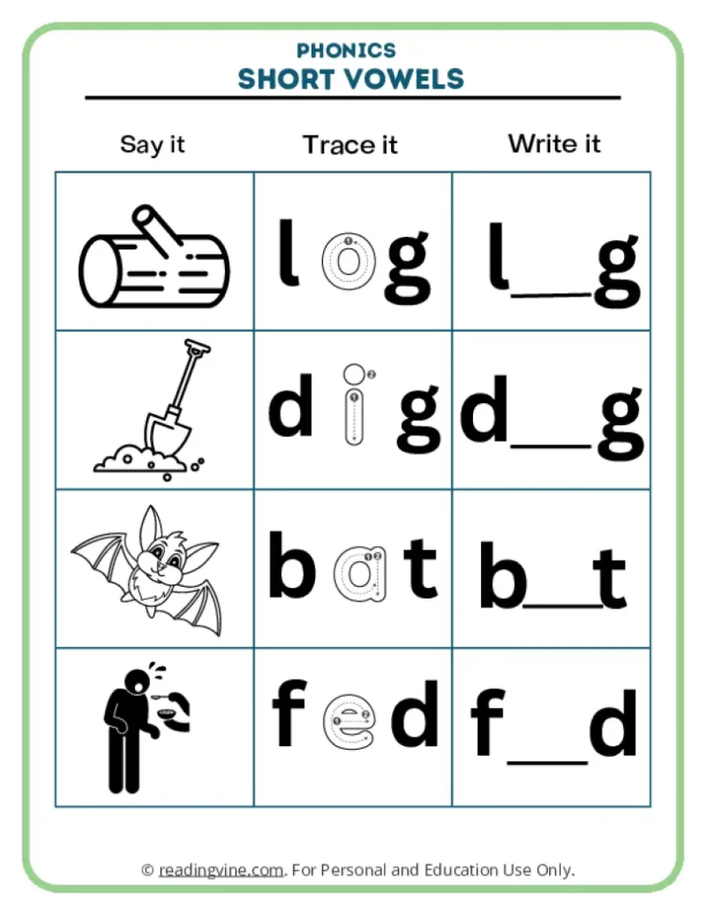 Short vowel words log, dig, bat, fed