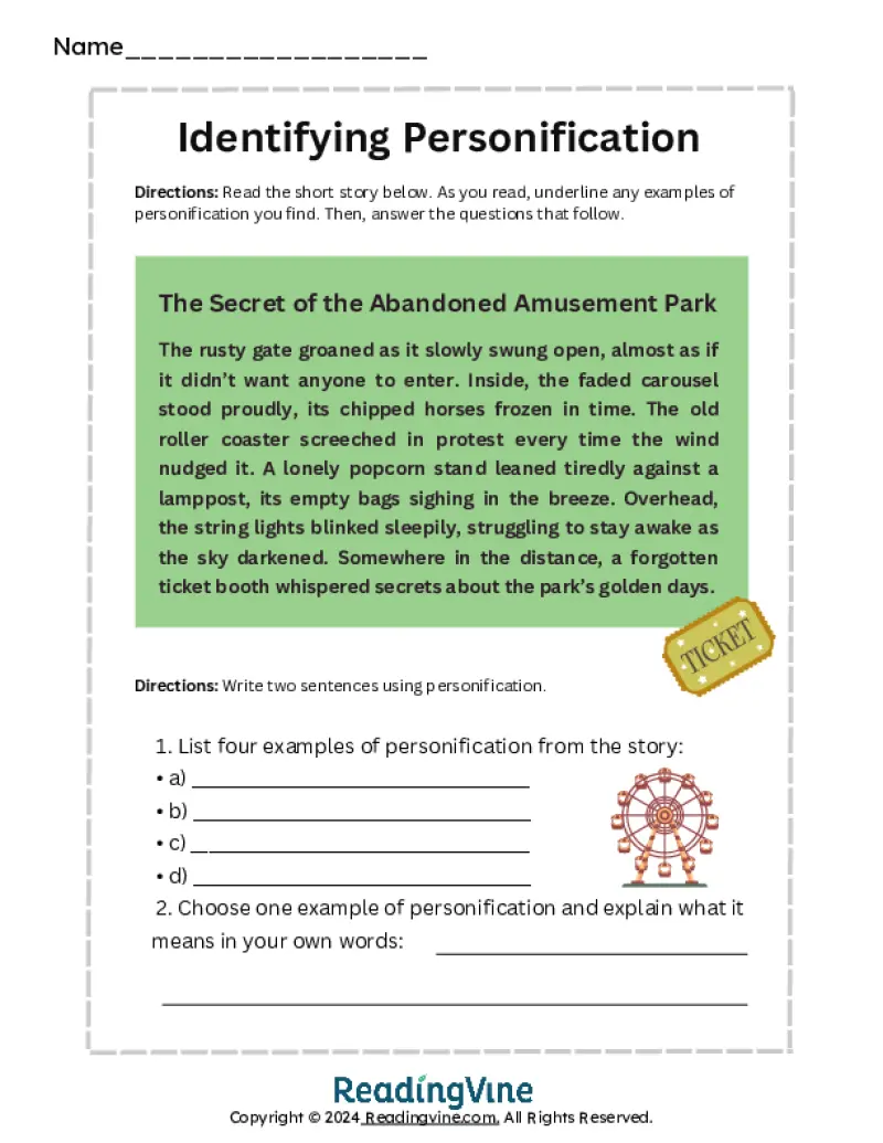 Identifying Personification Worksheets