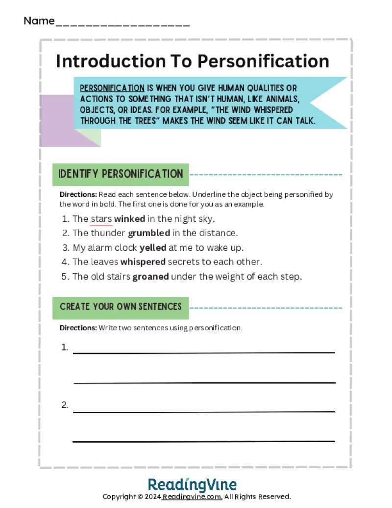 Intro to Personification Worksheets
