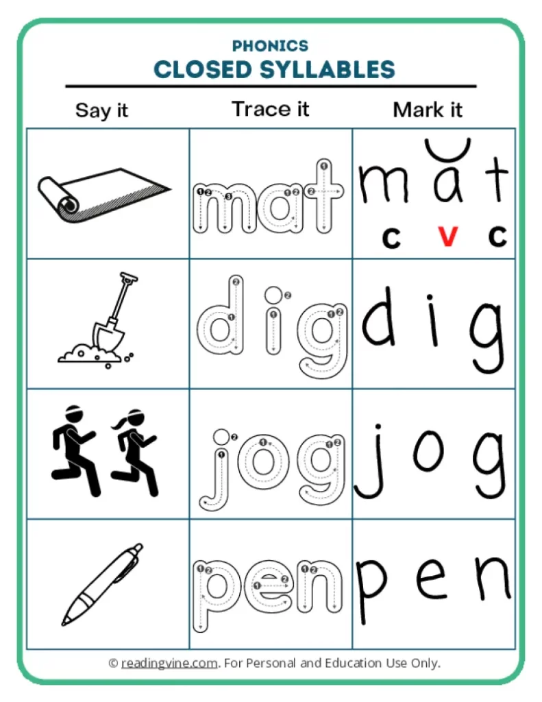 Worksheet 3: words mat, dig, jog, pen