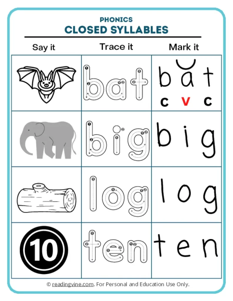 Worksheet 5: words bat, big, log, ten