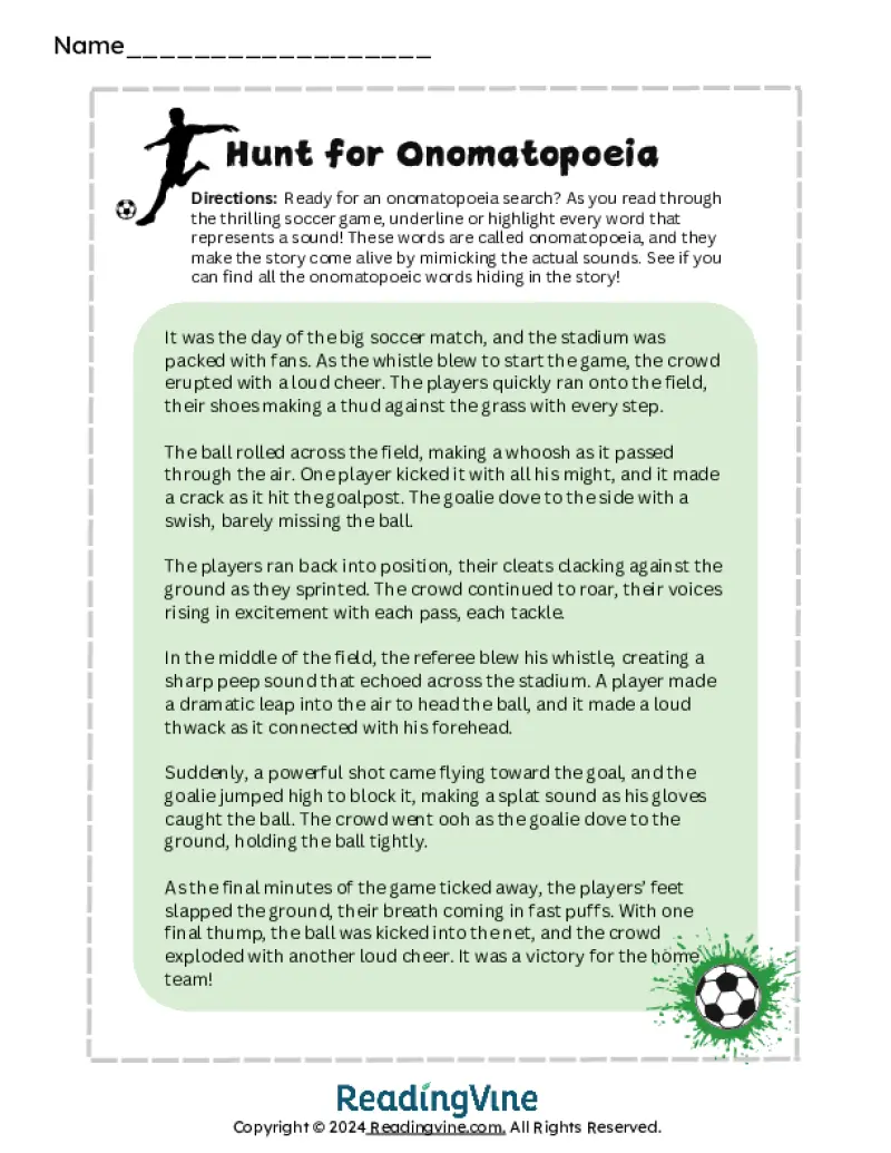 Onomatopoeia Reading Passage Worksheet
