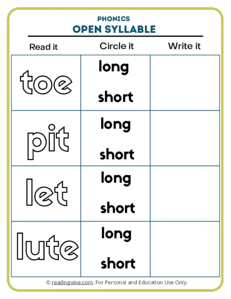 Worksheet 4: Words Toe, Pit, Let, Lute