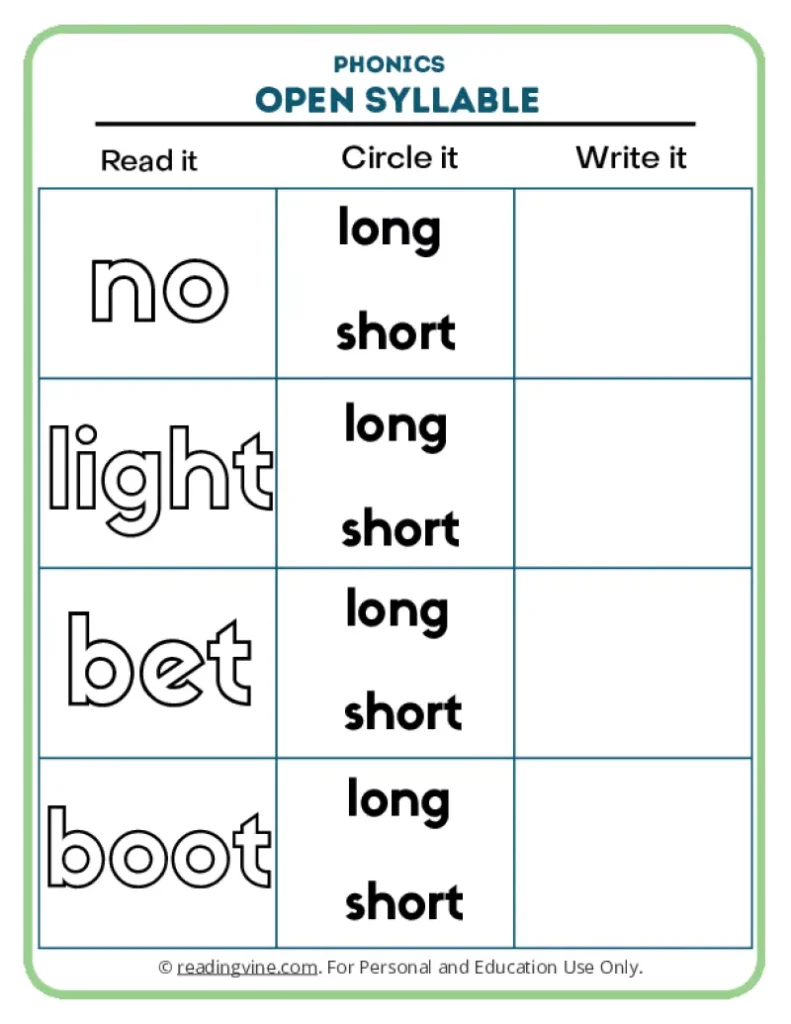 Worksheet 5: Words No, Light, Bet, Boot
