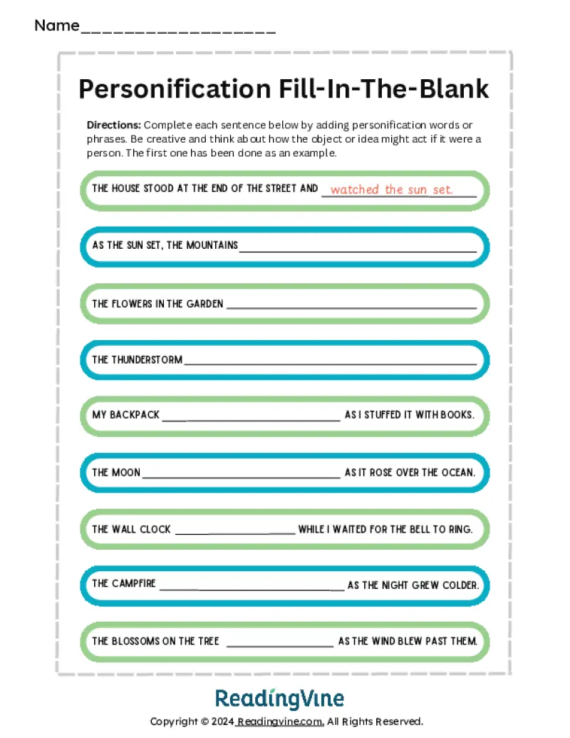 Personification Fill in the Blank Worksheet