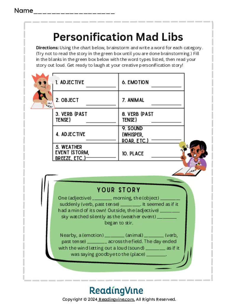Personification MadLibs Activity
