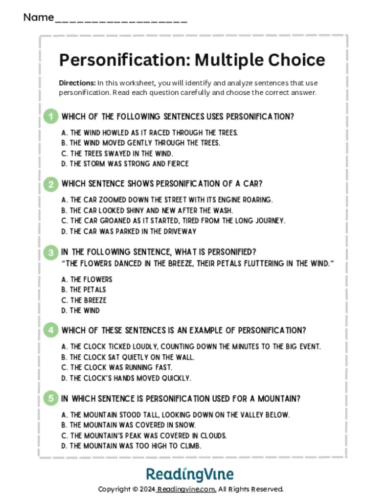 Personification Multiple Choice