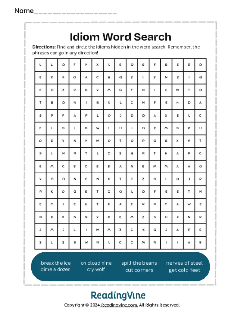 Printable Idiom Word Search Worksheet