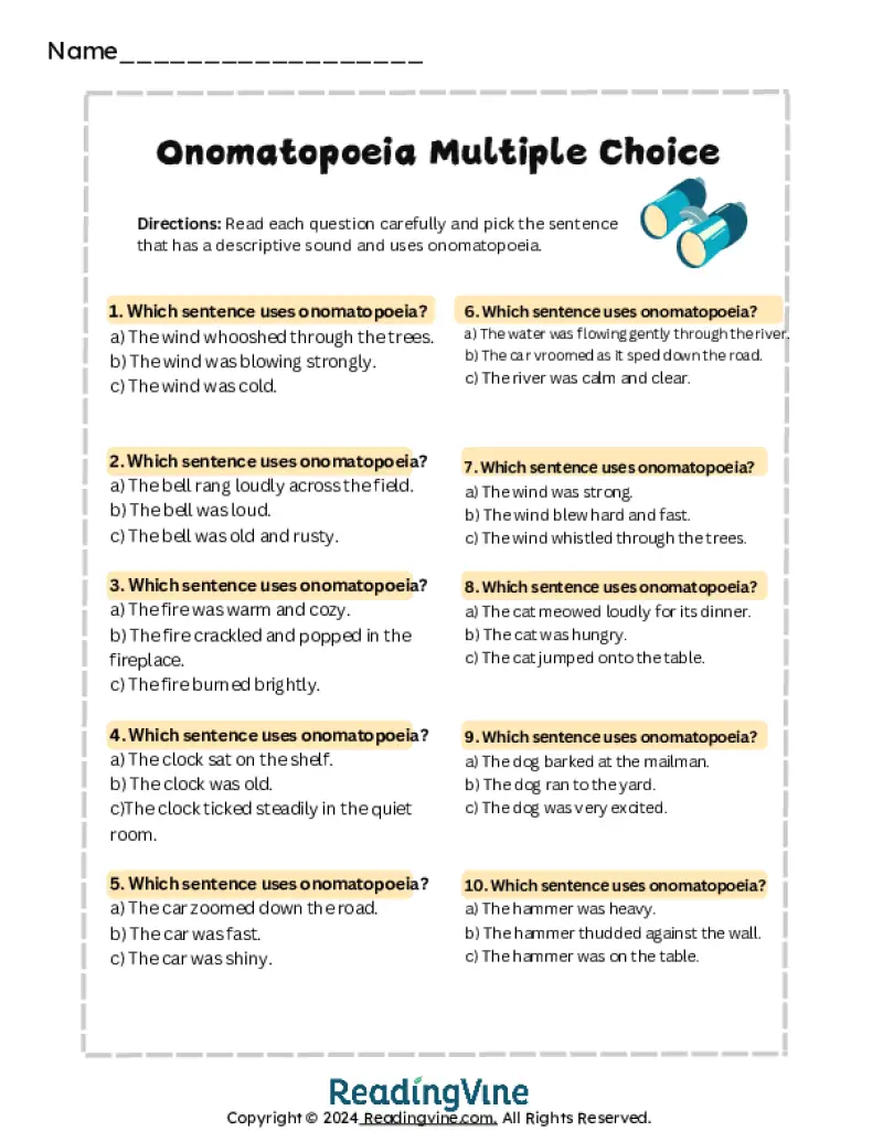 Printable Onomatopoeia Multiple Choice Worksheet Examples and Activities
