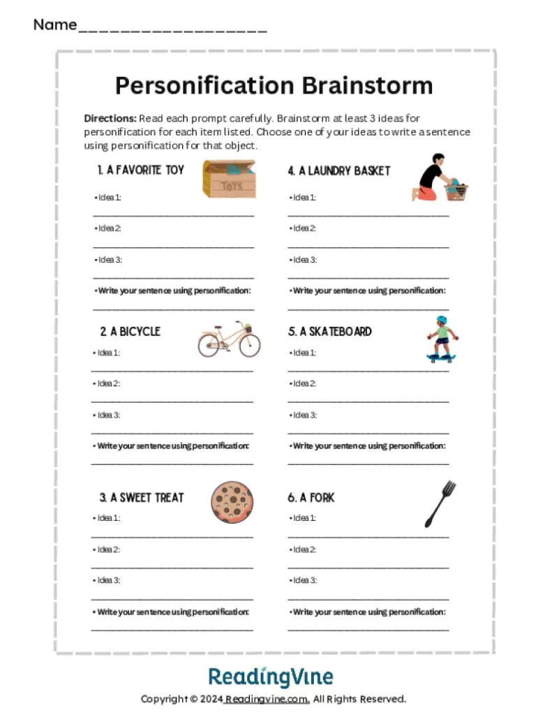 Printable Personification Brainstorm Activity
