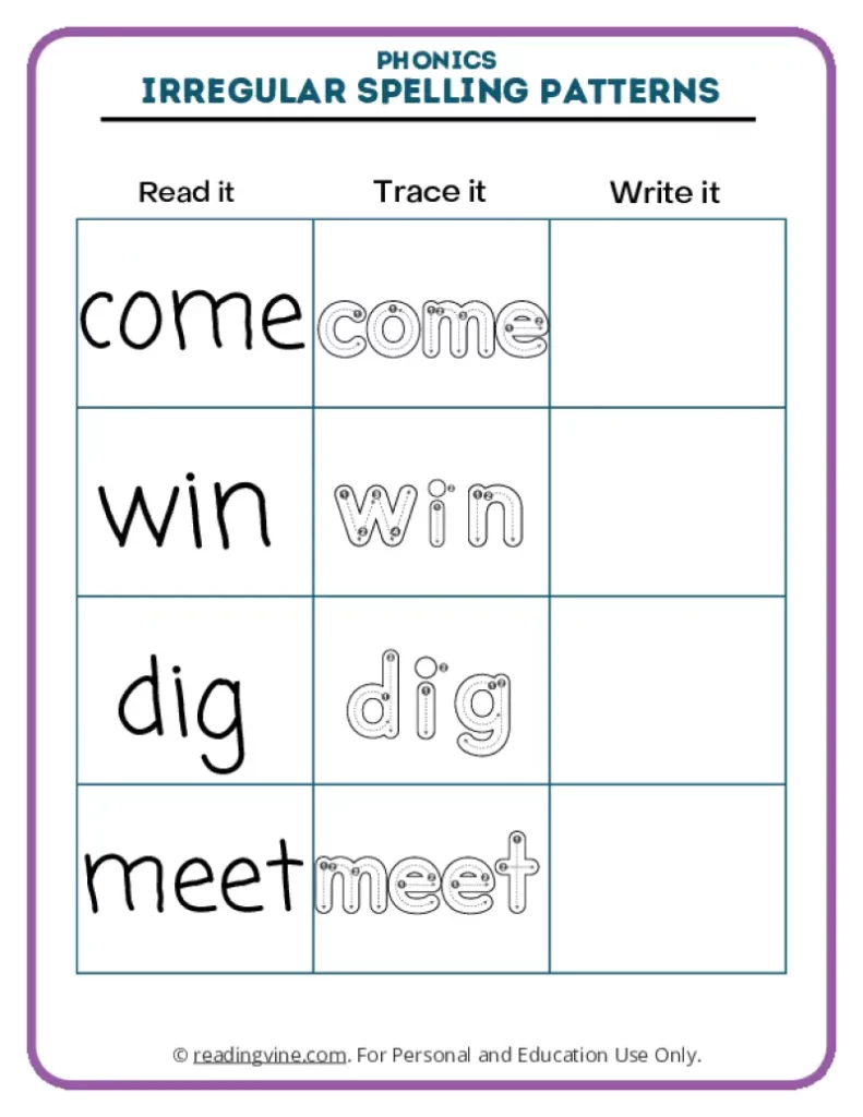 Activity 2: Words Come, Win, Dig, Meet