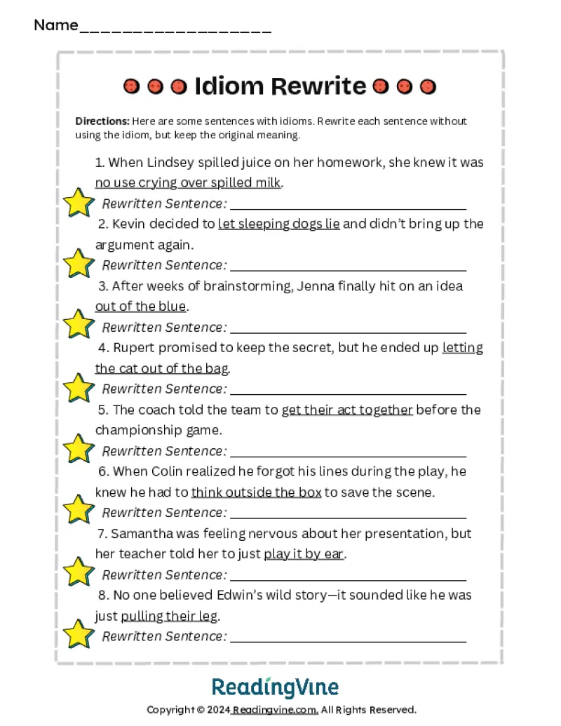 Rewriting Sentences Worksheet With Idioms