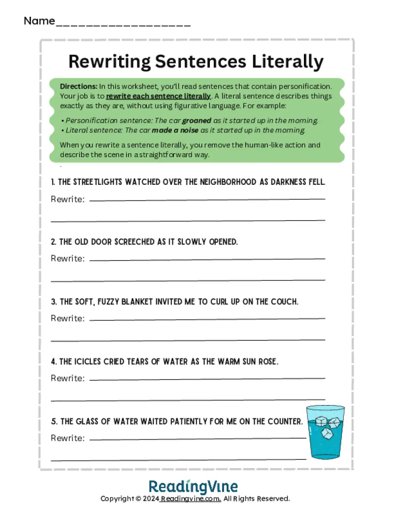 Rewriting Sentences Personification Worksheet
