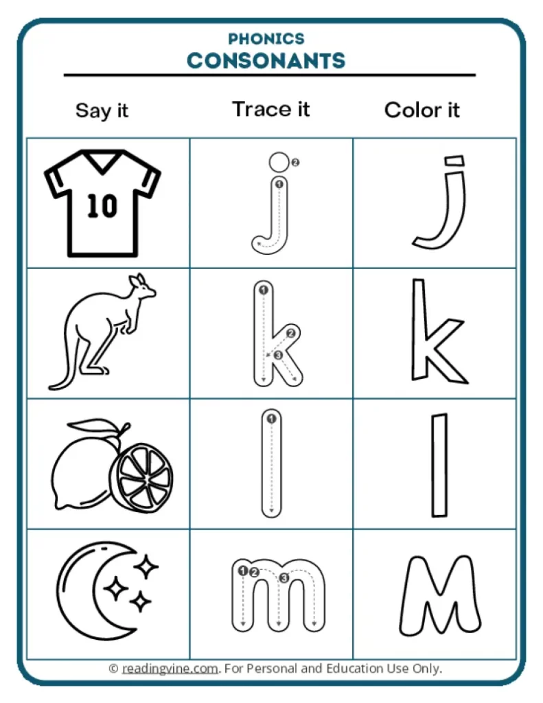 Consonant Worksheet for Letters J, K L M