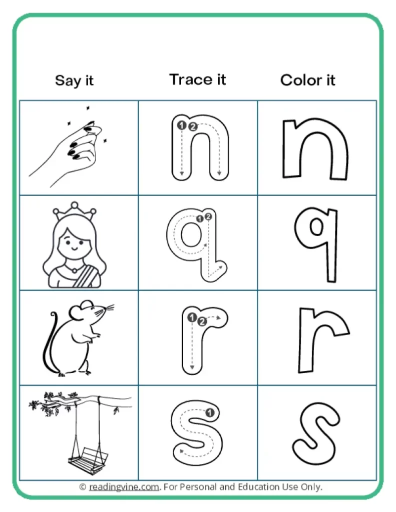 Consonant Worksheet for Letters N, Q, R, S