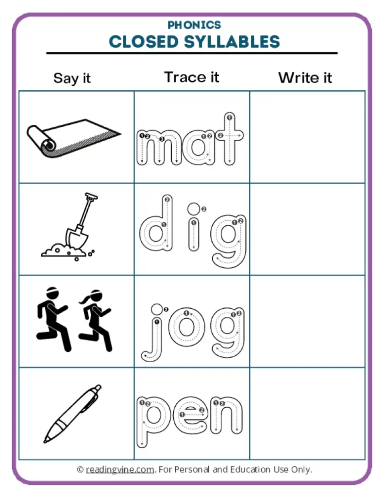 Worksheet 3: Words Mat, Dig, Jog, Pen