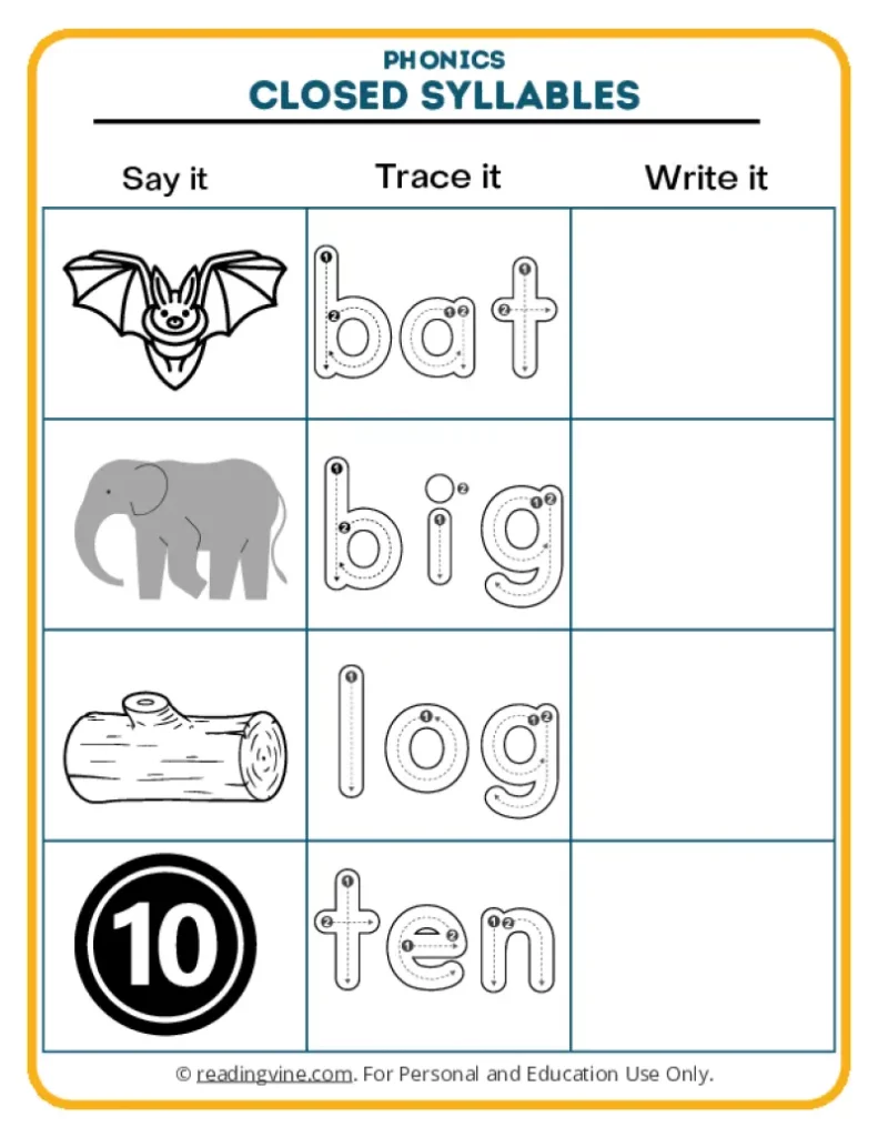 Worksheet 5: Words Bat, Big, Log, Ten