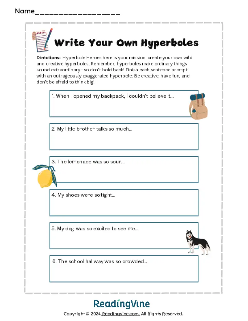 Printable hyperbole figurative language worksheets