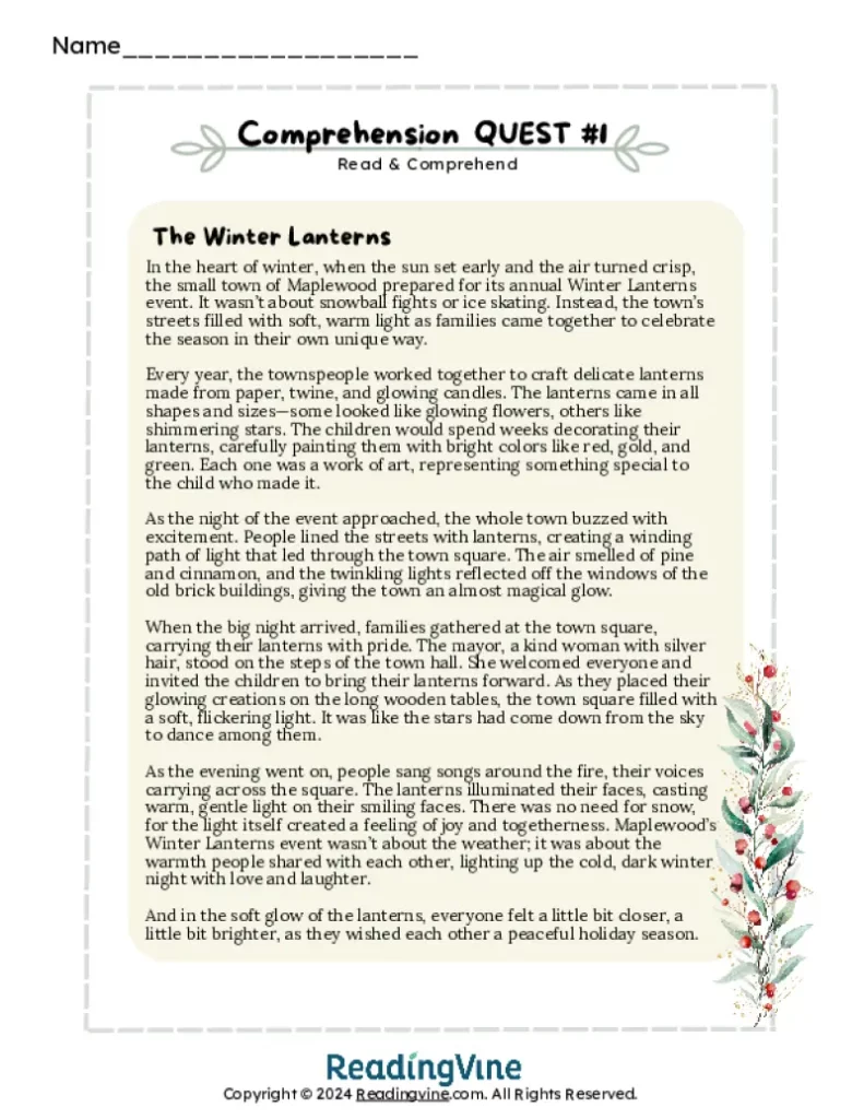 4th Grade December Comprehension Quests #1 The Winter Lanterns