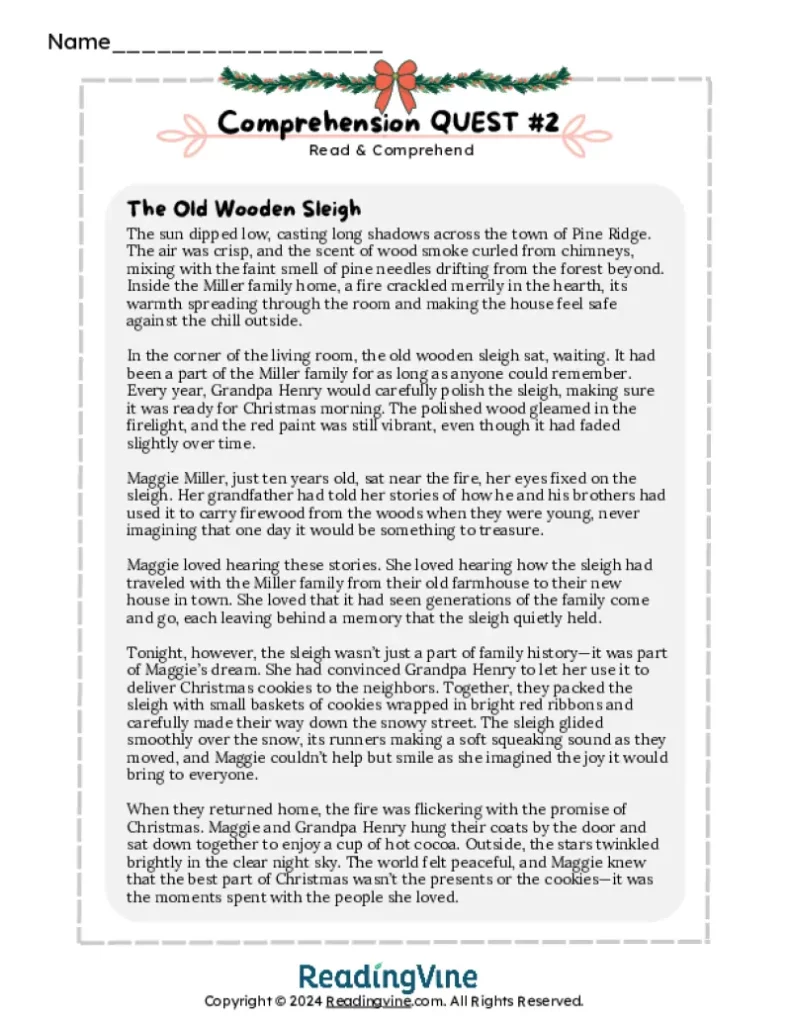 4th Grade December Comprehension Quests #2 The Old Wooden Sleigh