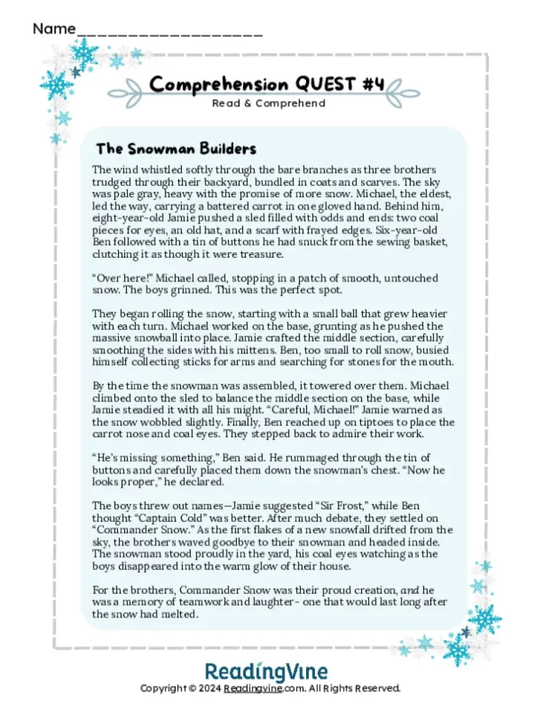 4th Grade December Comprehension Quests #4 The Snowman Builders