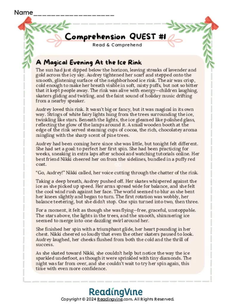 5th Grade December Comprehension Quest #1 Magical Evening At the Ice Rink