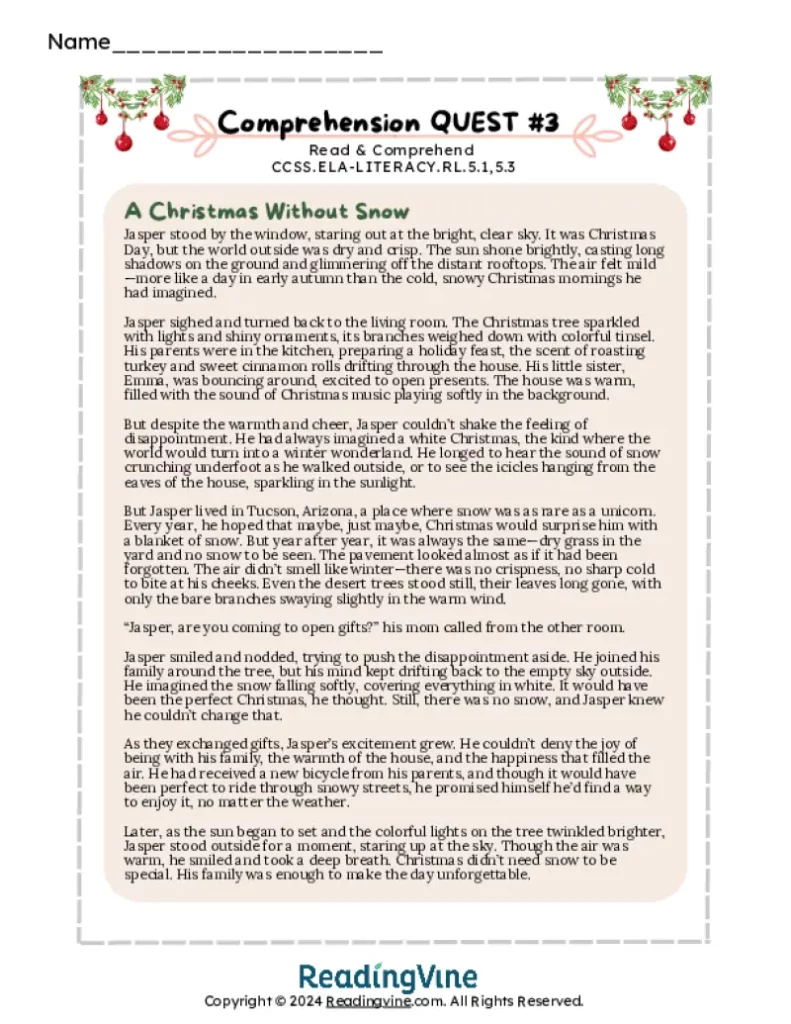 5th Grade December Comprehension Quest #3 A Christmas Without Snow