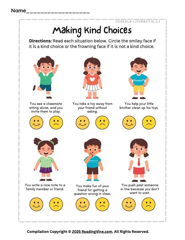 First Grade Making Kind Choices Activity Printable