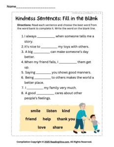 First Grade Kindness Fill in the Blank PDF Printable