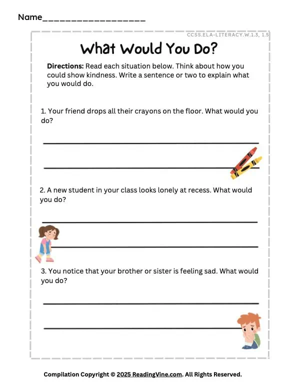 First Grade Kindness Printable PDF - What Would You Do?