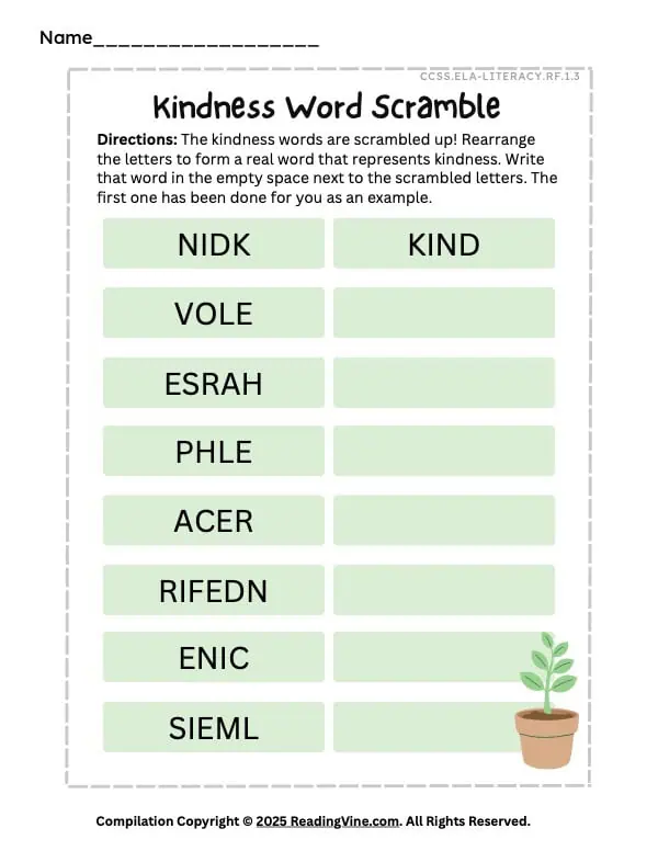 Kindness Word Scramble PDF